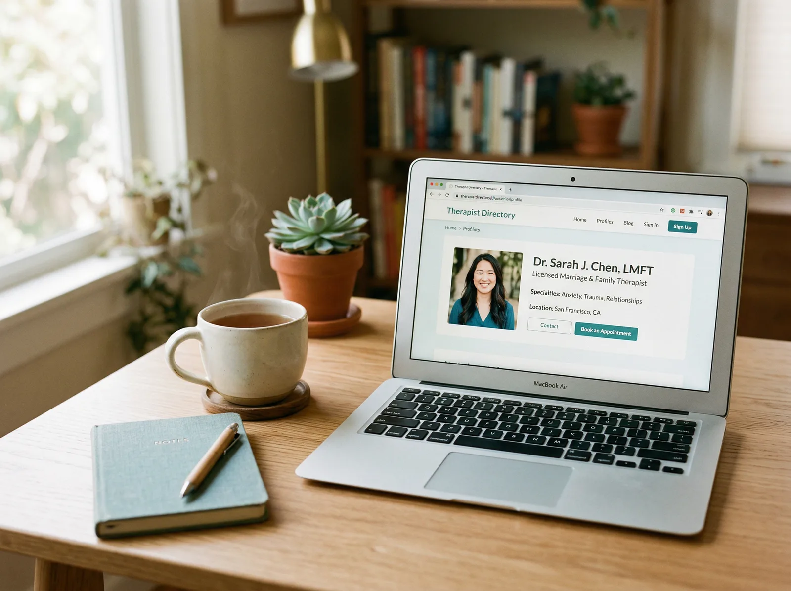 Therapist writing a bio to define your therapy niche on a professional directory listing