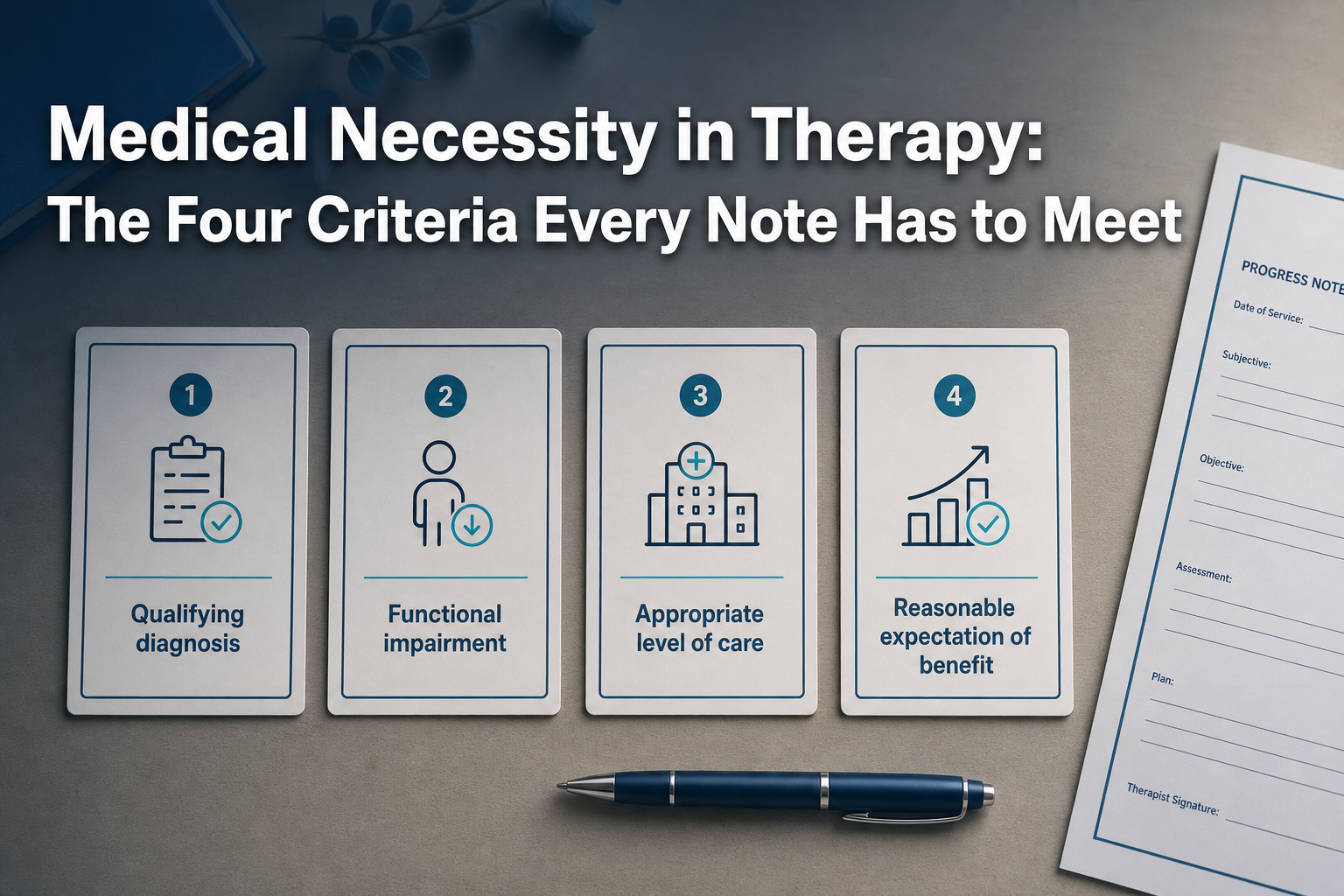 Overhead flat-lay of four labeled cards representing the four criteria of medical necessity in therapy on a clean desk with a progress note at the edge