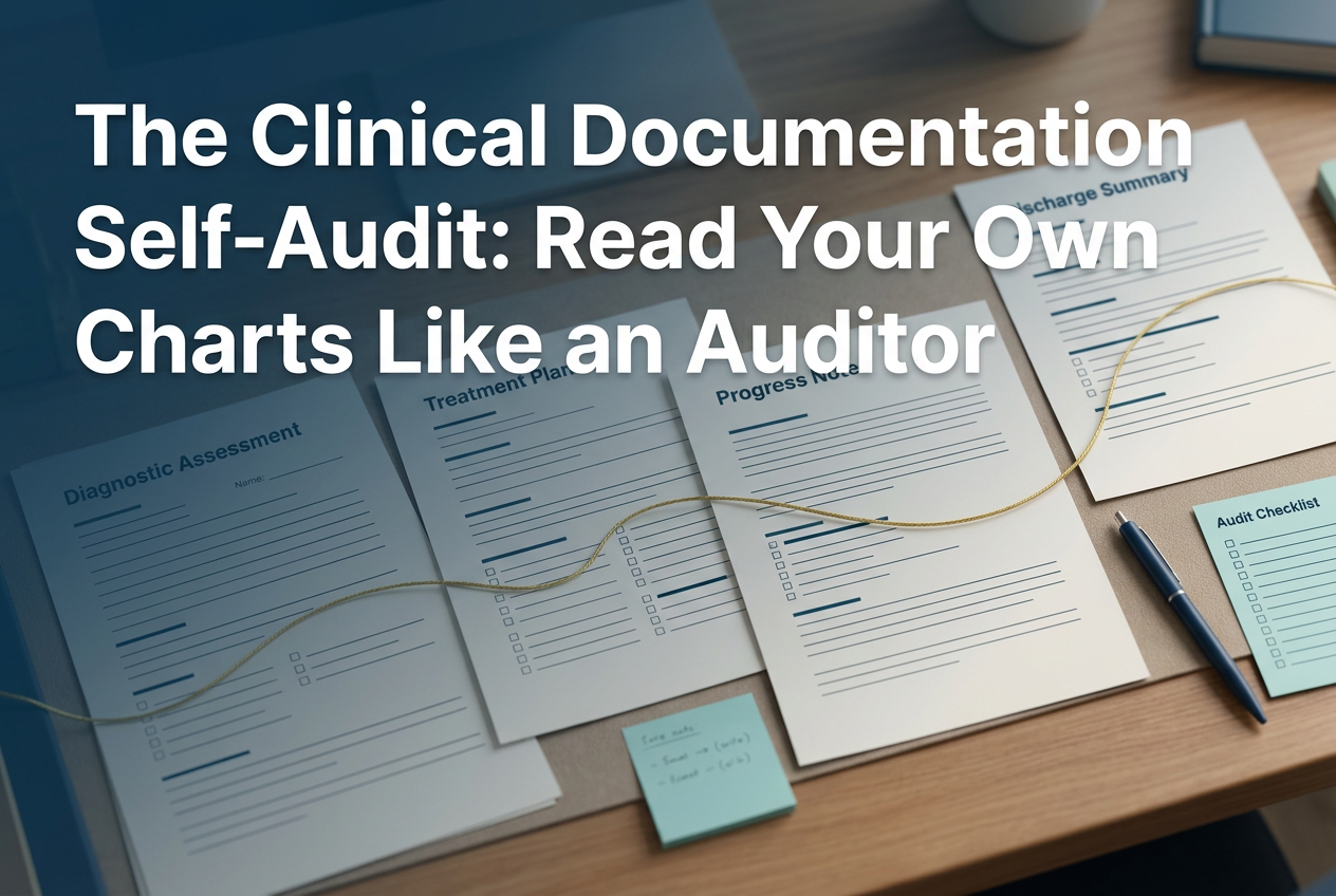 Magnifying glass enlarging a progress note during a clinical documentation audit