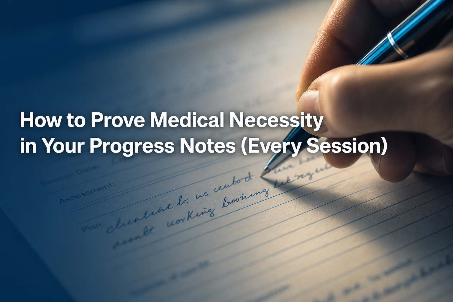 A therapist's hand writing a progress note to prove medical necessity, pen on paper, close-up editorial style.
