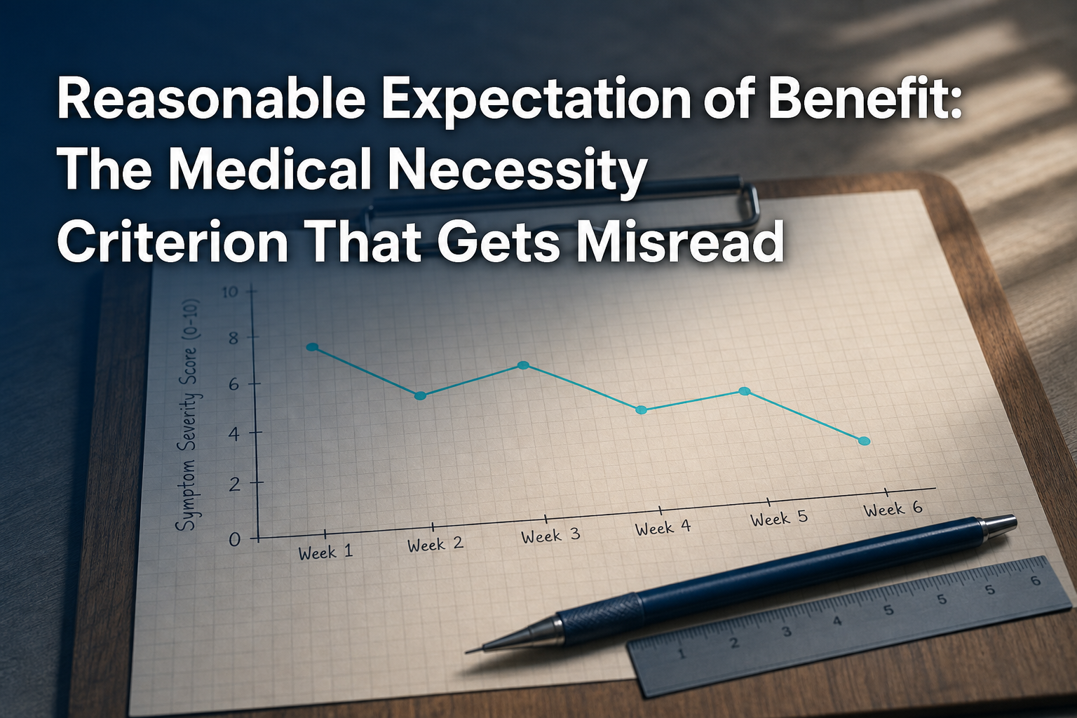 A clipboard line graph showing a symptom score easing over several weeks, illustrating the reasonable expectation of benefit medical necessity criterion