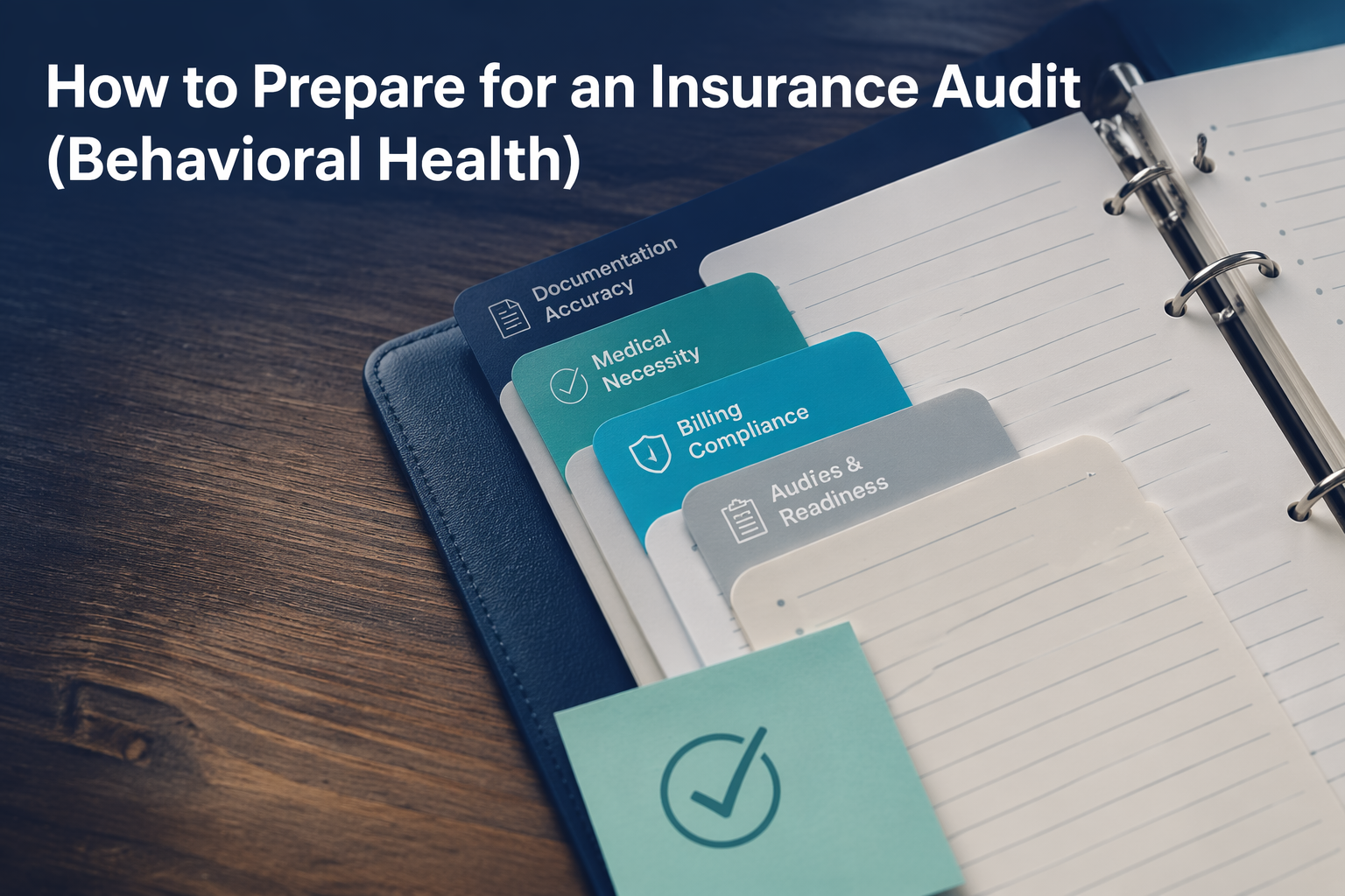 Color-coded tabbed clinical binder open on a desk, representing how to prepare for a behavioral health insurance audit.