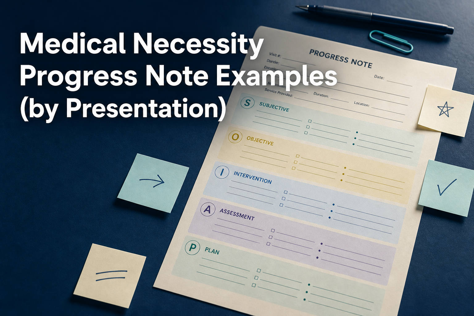 Annotated SOAP progress note with highlighter and sticky notes marking medical necessity criteria by section, on a navy desk surface.