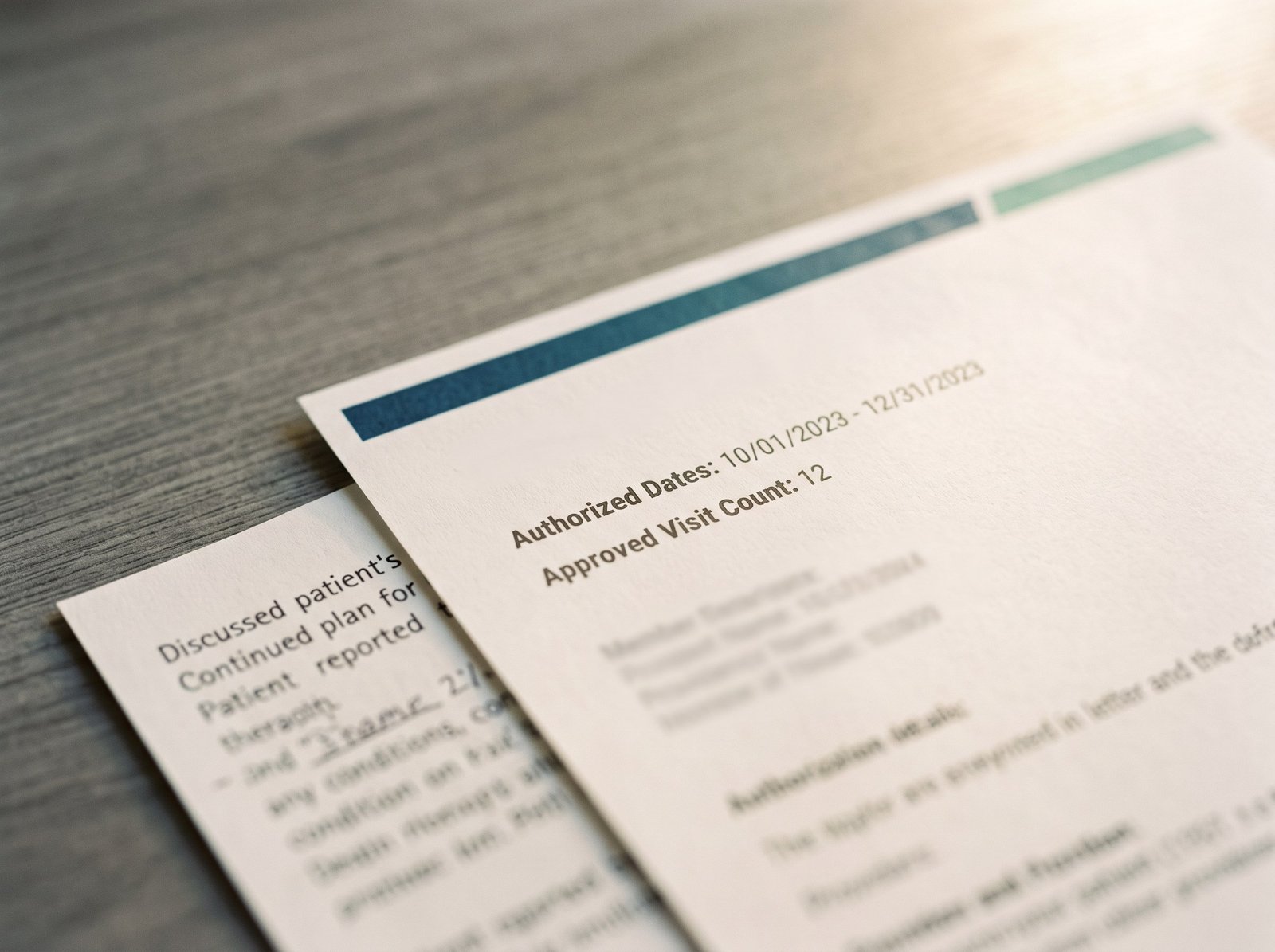 Payer authorization letter over a progress note page, illustrating progress notes for utilization review