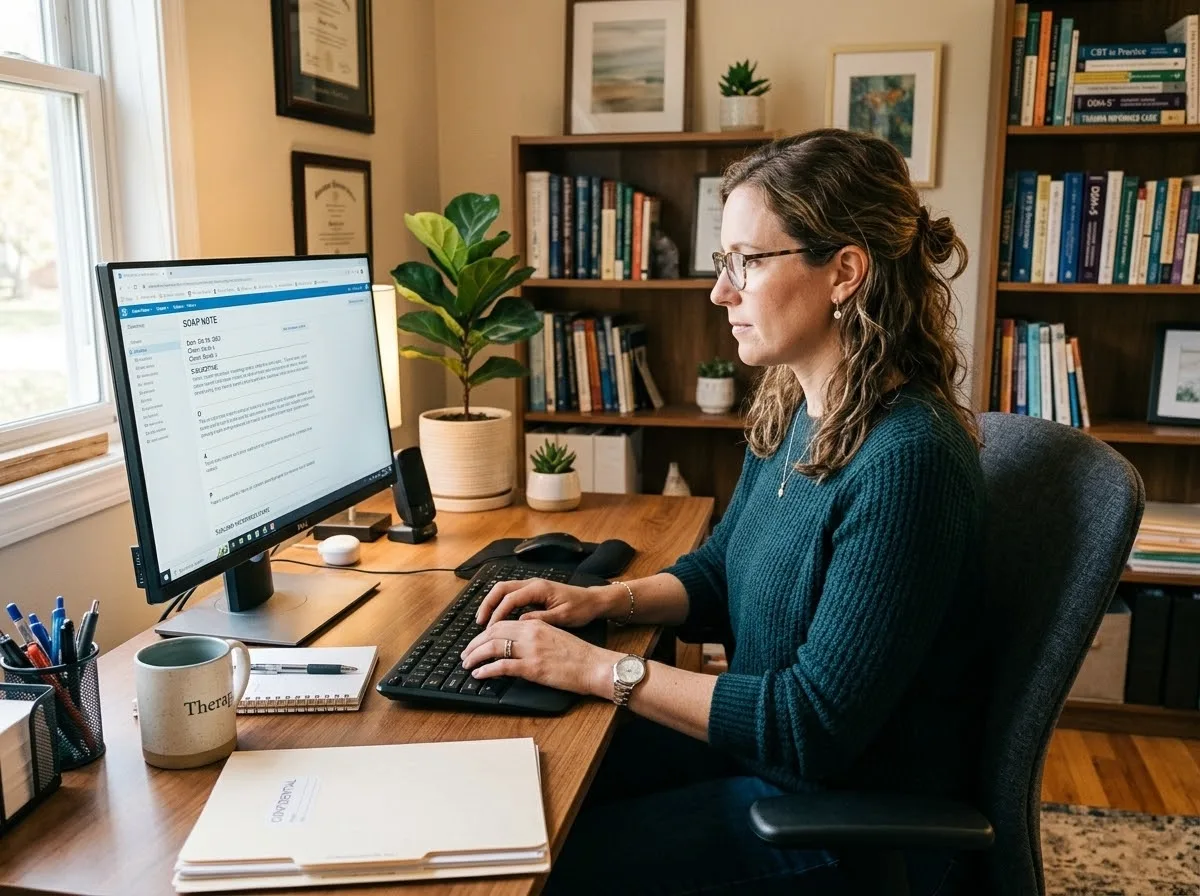 Therapist writing medical necessity in therapy notes at a desk